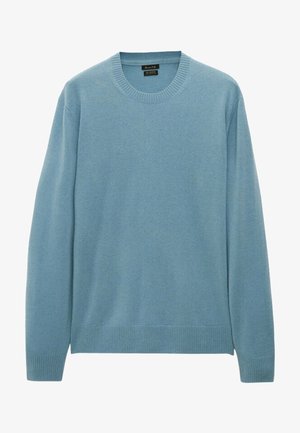 Hellblauer Pullover mit langen Ärmeln und Rundhalsausschnitt, mit gerippten Bündchen und Saum, aus weichem Stoff, geeignet für den Freizeitgebrauch.