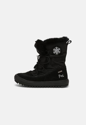 Bottes d'hiver imperméables noires avec un col en fausse fourrure, un emblème en forme de flocon de neige, et une semelle en caoutchouc avec rainures, dotées d'une fermeture à lacets et d'un design matelassé.