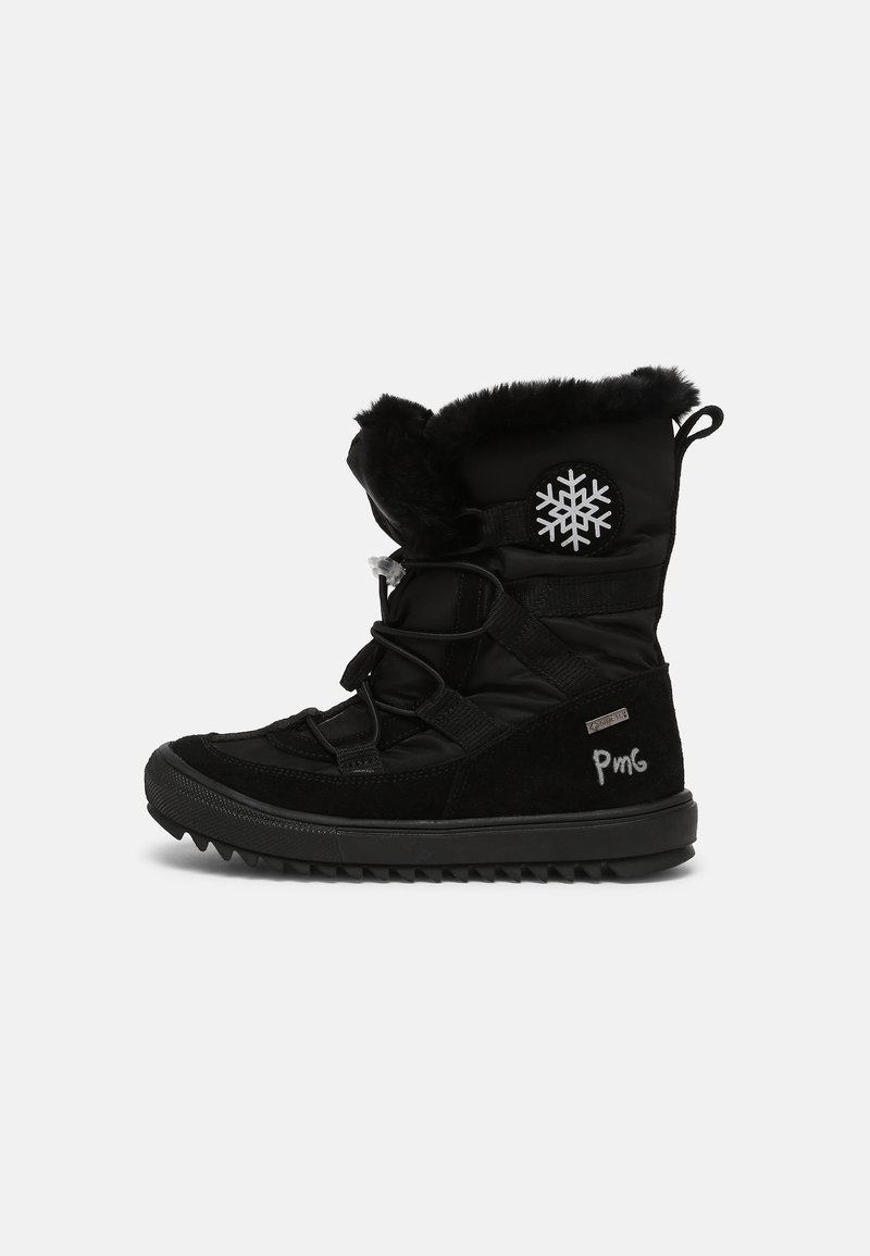 Bottes d'hiver imperméables noires avec un col en fausse fourrure, un emblème en forme de flocon de neige, et une semelle en caoutchouc avec rainures, dotées d'une fermeture à lacets et d'un design matelassé.