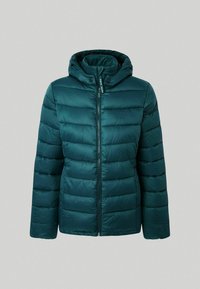 Teal puffjacka med huva, med en frontdragkedja och horisontell quiltad mönstring för isolering. Mjuk, slät textur.