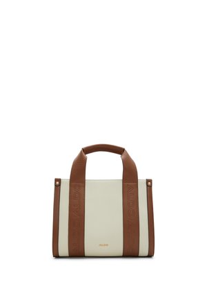 Sac à main rectangulaire crème avec deux larges sangles verticales marron et poignées, logo ALDO embossé sur les sangles et logo doré centré.