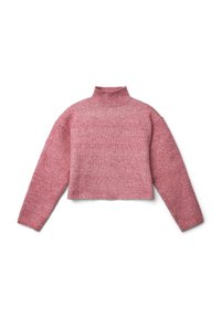 Gekürzter Pullover in sanftem Rosa, mit einem gerippten hohen Kragen, langen Ärmeln und einem strukturierten Strickmuster.