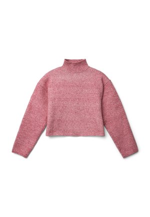 Maglione corto rosa tenue, con collo alto a coste, maniche lunghe e motivo lavorato a maglia.