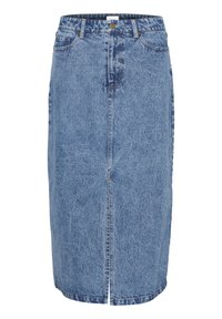 Világoskék farmer midi szoknya elöl hasítékkal, öt zsebbel és látható varrási részletekkel. Klasszikus derékdizájn és fémből készült gomb jellemzi.