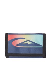 Billetera rectangular fabricada con un tejido duradero que presenta un diseño de gradiente multicolor. Incluye un borde negro y un logo en el centro.