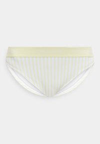 Γυναικεία μπικίνι βρακάκια με κάθετες ρίγες σε απαλό κίτρινο και άσπρο, διαθέτουν φαρδύ ελαστικό ζωνάκι σε ανοικτό κίτρινο με διακριτικό λογότυπο "Calvin Klein".