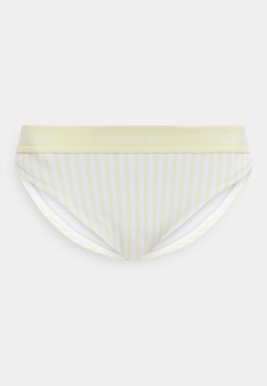 Damskie figi bikini w pionowe paski w kolorze bladożółtym i białym, z szerokim, jasnożółtym pasem w talii z subtelnym logo "Calvin Klein".