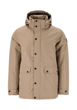 Beige vattentät jacka med hög krage, justerbar huva, svarta knappstängningar och två framfickor. Slät, matt yta, stilren design.