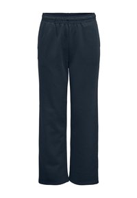 Navy blauwe, wijde sweatpants gemaakt van zachte, rekbare stof. Voorzien van een elastische tailleband voor comfort en zonder zichtbare sluitingen.
