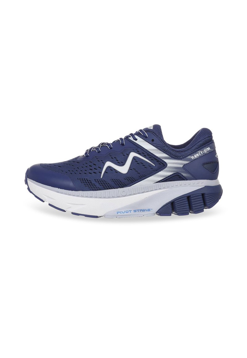 Navy running shoe with mesh upper, white accents, and a textured sole. Features a cushioned midsole and reinforced heel for support.