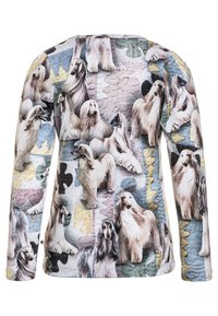 Maglietta a maniche lunghe con un motivo patchwork multicolore di varie razze di cani, con stampe fotografiche in evidenza su un tessuto morbido.