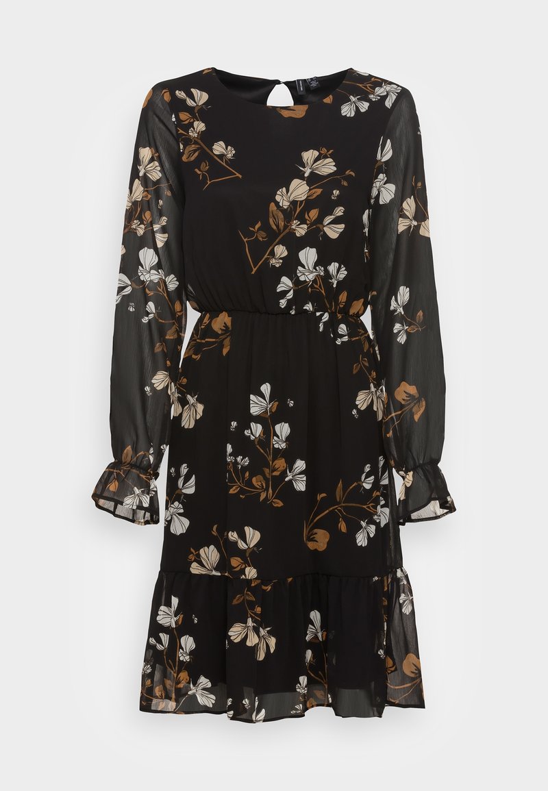Robe noire à manches longues avec imprimé floral blanc et marron, taille cintrée, poignets à volants et ourlet à volants.