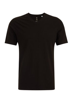 T-shirt nero a V in tessuto morbido, con maniche corte e vestibilità rilassata. Linee pulite senza motivi o accenti visibili.