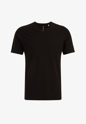 Schwarzes V-Ausschnitt-T-Shirt aus weichem Stoff, mit kurzen Ärmeln und lässiger Passform. Klare Linien ohne sichtbare Muster oder Akzente.