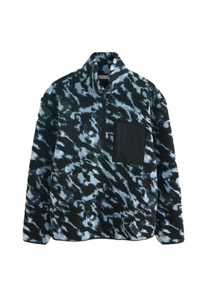 Fleece pullover with black and gray abstract pattern, quarter-zip front, high collar, and solid black chest pocket.