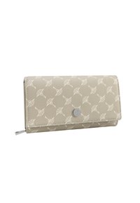 Portafoglio beige realizzato in pelle testurizzata, caratterizzato da un motivo a foglia ripetuto, una chiusura in argento e un compartimento con zip.