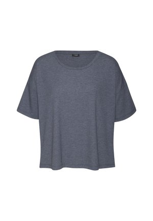 Gray short-sleeved t-shirt made from soft, textured fabric. Features a round neck and dropped shoulders for a loose fit.