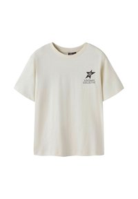 Beige Baumwoll-T-Shirt mit kurzen Ärmeln, das ein schwarzes Sternenmotiv und den Text "VISIONARY COLLECTIVE" auf der linken Brustseite zeigt.