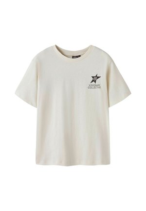 T-shirt en coton beige à manches courtes avec un motif d'étoile noire et le texte "VISIONARY COLLECTIVE" sur la partie gauche de la poitrine.