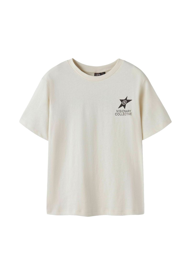 Beige Baumwoll-T-Shirt mit kurzen Ärmeln, das ein schwarzes Sternenmotiv und den Text "VISIONARY COLLECTIVE" auf der linken Brustseite zeigt.