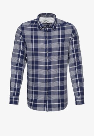 Chemise à manches longues à carreaux bleu marine et blanc, boutonnée, avec col et poche poitrine, taille moyenne.