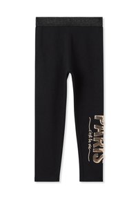 Leggings neri con un elastico metallico in vita e la scritta "PARIS c'est la vie" stampata in oro sul lato sinistro inferiore. Texture liscia.