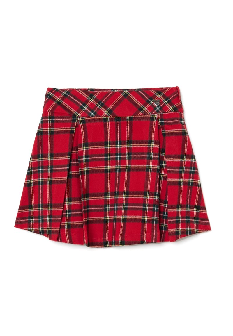 Jupe à carreaux rouges avec des plis, une taille structurée et un motif tartan agrémenté de touches noires et jaunes. Confectionnée dans un tissu léger.