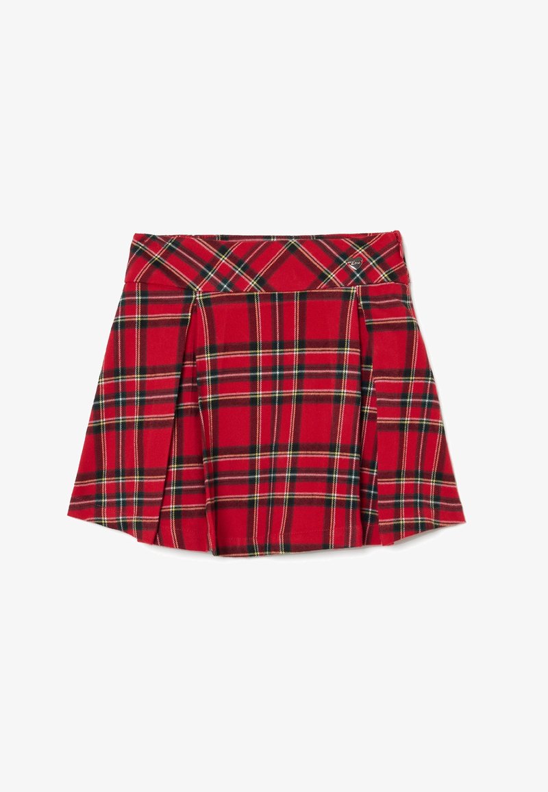 Gonna a quadri rossi con pieghe, vita strutturata e motivo tartan con accenti neri e gialli. Realizzata in tessuto leggero.