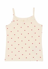 Top beige deschis fără mâneci, cu bretele subțiri, având un model de inimioare roșii mici distribuite uniform pe întreaga țesătură. Textură moale din bumbac.