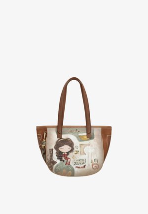 Borsa a tracolla marrone con manici lunghi, con una ragazza dei cartoni animati, motivi decorativi e la frase «Conosci te stesso» sul pannello frontale.