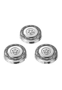 Tre testine di rasoio rotonde in argento con un motivo testurizzato lungo il bordo e un elemento di design centrale, progettate per scopi di toelettatura.