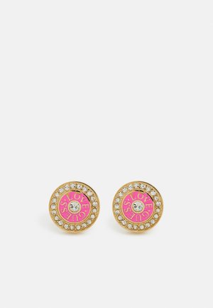 Gold-tone earrings featuring a circular design with pink enamel center inscribed with "LOVE." Surrounded by clear rhinestones for accent.