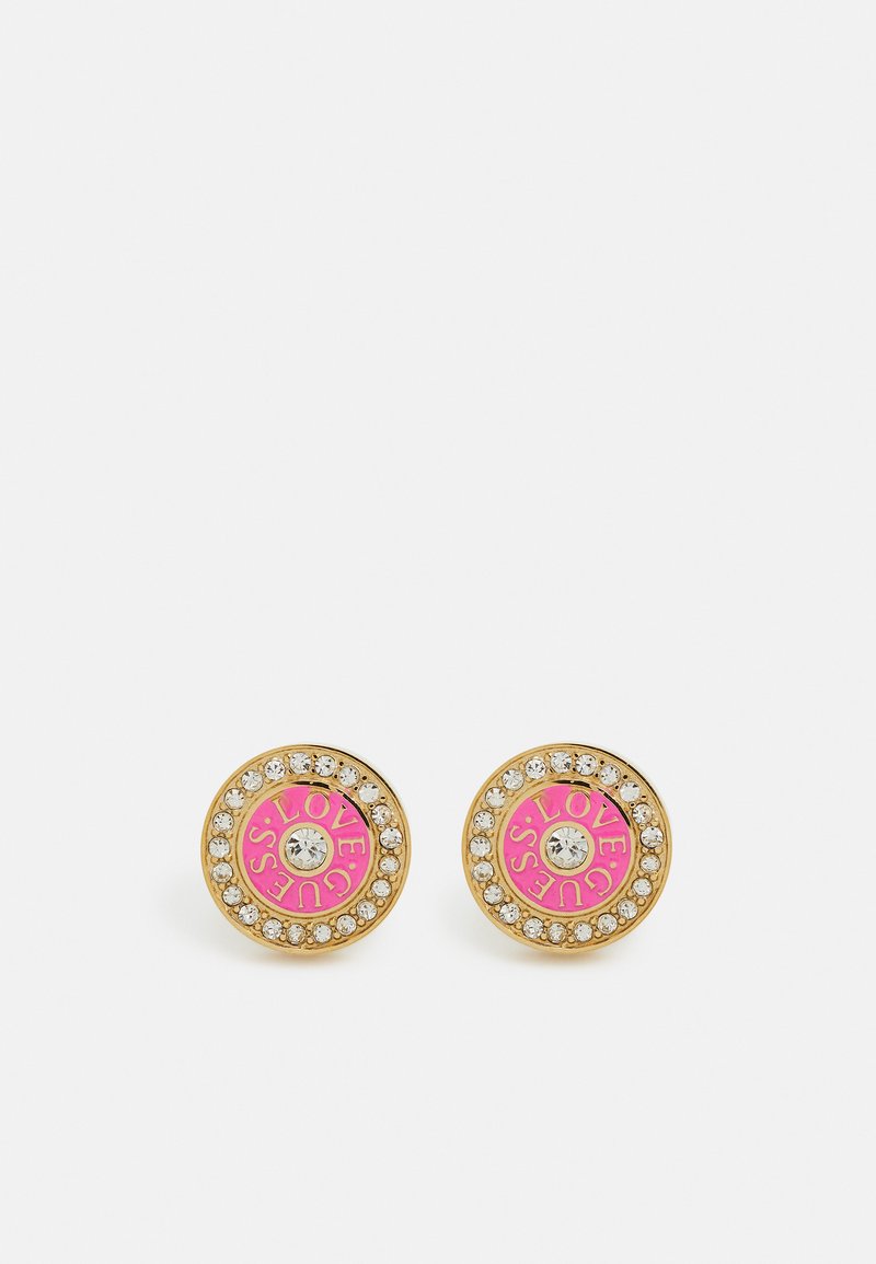 Orecchini dorati con design circolare e centro in smalto rosa con la scritta "LOVE". Circondati da strass trasparenti come accento.