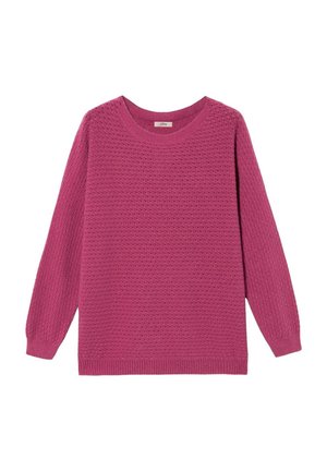 Fuchsienfarbenes Strickpullover mit strukturiertem Muster, rundem Ausschnitt und langen Ärmeln mit gerippten Bündchen und Saum.
