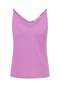 Rosa ärmlös topp med V-ringning, tillverkad av mjukt bomullsmaterial. Har en avslappnad passform och en slät, lätt textur.