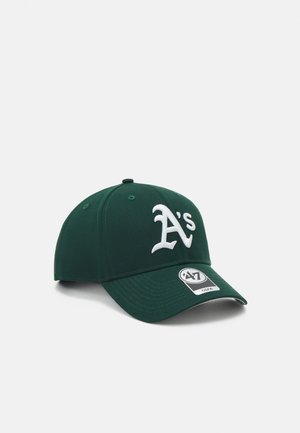 Green baseball cap made of fabric, featuring a white embroidered "A's" logo on the front and a circular logo tag on the side.