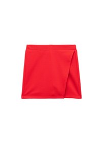 Rød tekstureret stof mini-nederdel med omslagsfront og lige talje.