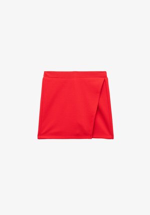 Rode textuurstof mini rok met een gewikkelde voorkant en een rechte tailleband.