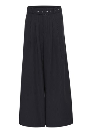 High-waisted, wide-leg trousers in dark navy with vertical pinstripes. Features a belt with silver hardware and front pleats.