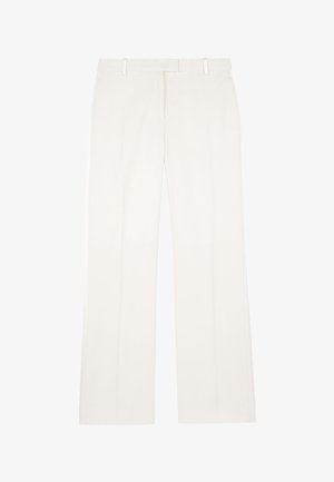 Wijd gevalle broek in zachte witte stof, met een vlakke voorkant, riemlussen en een schone afwerking. Tailored design zonder zichtbare patronen.