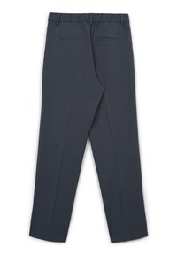 Pantalons ajustés bleu marine foncé avec taille élastique, poches passepoilées arrière et jambes droites, présentés de l'arrière sur fond blanc.