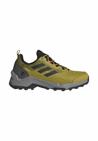 Chaussure de trail Adidas vert olive et noir avec semelle robuste, système de laçage et label anti-intempéries "Rain.RDY".