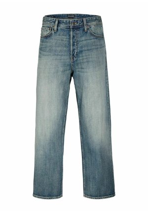 Mėlynos tiesios kojų ilgio džinsinės kelnės su išblukusia skalbimo spalva, priekyje su sagomis ir užtrauktuku, diržo kilpelėmis ir penkių kišenių stiliumi.