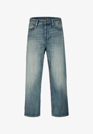 Blaue Jeans mit geradem Bein aus Denim, mit verwaschenem Effekt, vorderer Knopf- und Reißverschluss, Gürtelschlaufen und fünf Taschen.