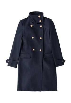Manteau en laine navy avec des boutons dorés doublés, un col haut et des poches latérales. Présente des poignets ajustés avec des accents de boutons.