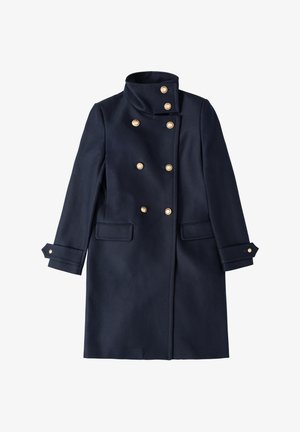 Manteau en laine navy avec des boutons dorés doublés, un col haut et des poches latérales. Présente des poignets ajustés avec des accents de boutons.