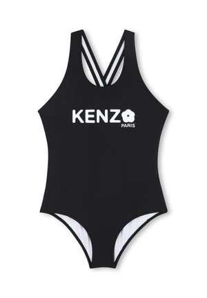 Maillot de bain une pièce noir avec inscription blanche "KENZO PARIS" et logo fleur, doté de bretelles croisées doubles et d'une doublure intérieure blanche.