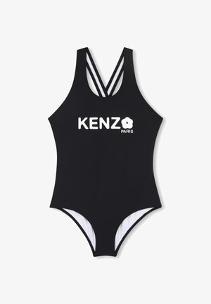 Maillot de bain une pièce noir avec inscription blanche "KENZO PARIS" et logo fleur, doté de bretelles croisées doubles et d'une doublure intérieure blanche.