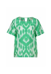 Maglietta verde a maniche corte realizzata in un tessuto leggero, caratterizzata da un motivo astratto con tonalità di verde diverse e un dettaglio cut-out sulla schiena.