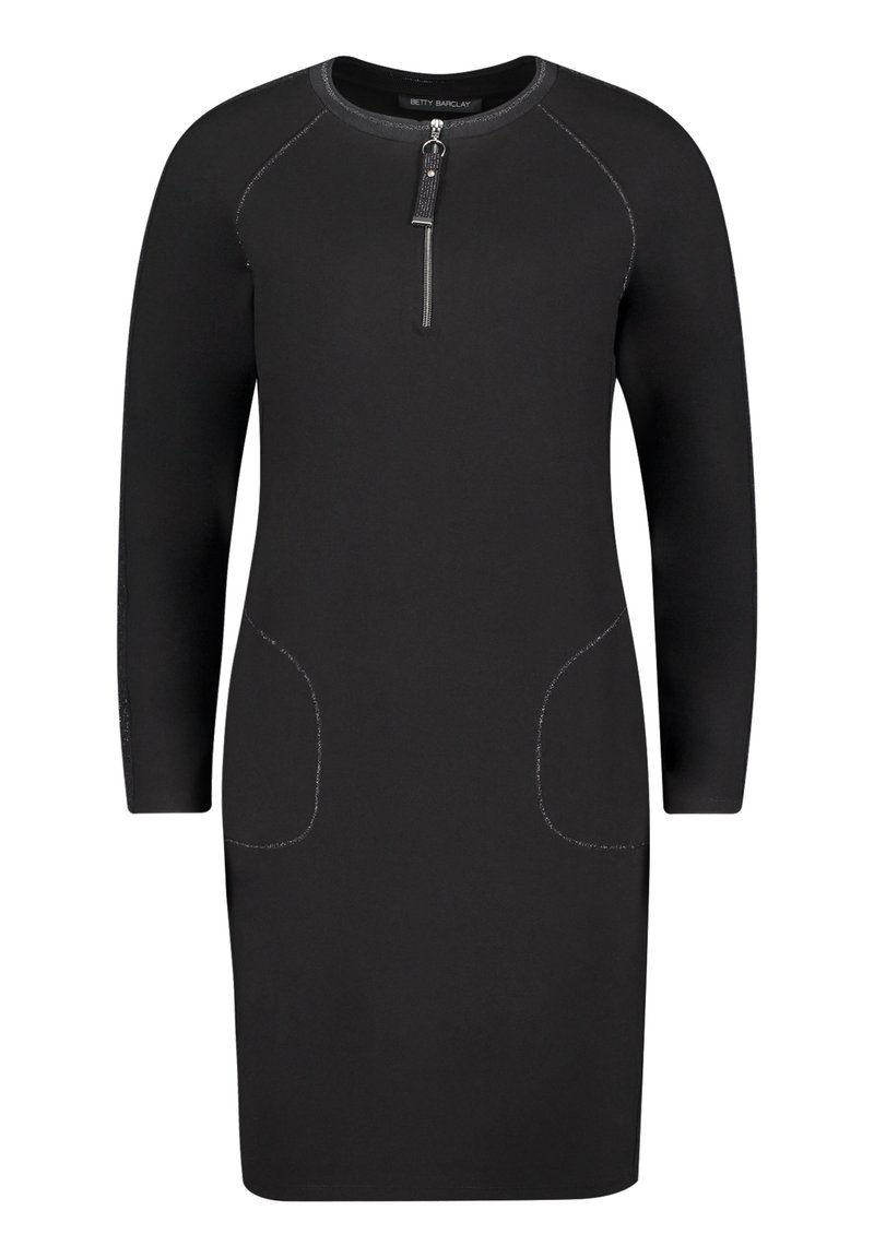 Czarna sukienka z długim rękawem i okrągłym dekoltem, z suwakiem przy szyi, dwoma przednimi kieszeniami oraz kontrastowymi detalami ściegów.